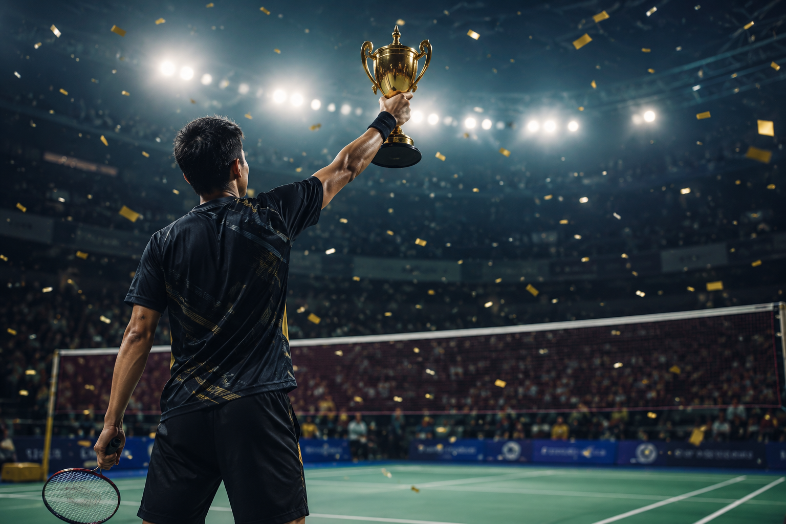 Badminton athlete celebrating a championship trophy